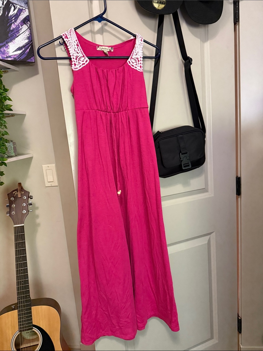 Speechless Fuchsia Maxi Dress with White Crochet Shoulders